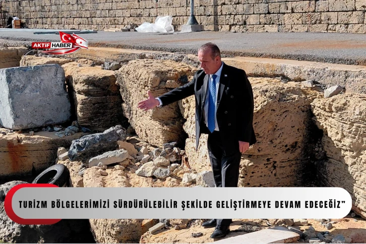  Ataoğlu, Girne Antik Limanı&rsquo;nda y&uuml;r&uuml;t&uuml;len iskele yapım &ccedil;alışmalarını inceledi