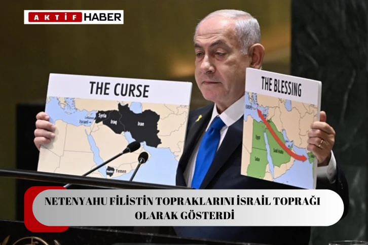 Netanyahu, BM Genel Kurulu'ndaki konuşmasında Filistin topraklarını "İsrail" olarak gösteren harita kullandı...